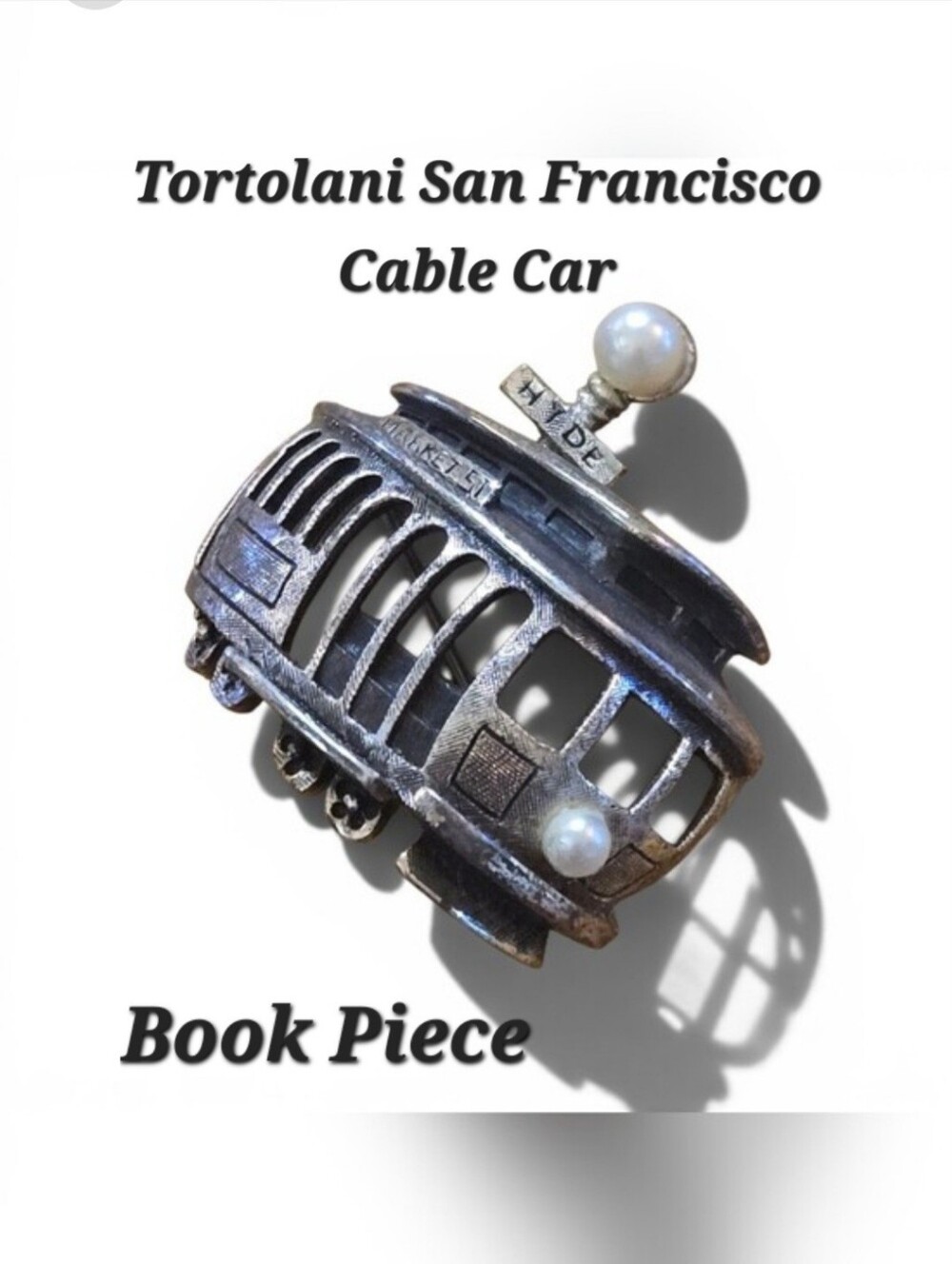Book Piece Mid-Century Tortolani San Francisco Cable Car Faux Pearl Brooch